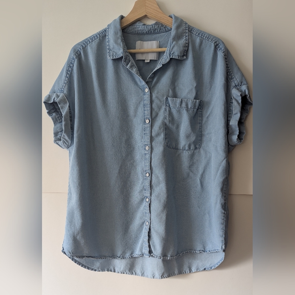 Lola River Large Tencel Light Blue Denim Button Down Shirt with Short Sleeves